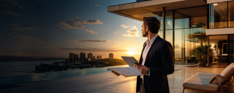 Real estate professional viewing a luxury property at sunset