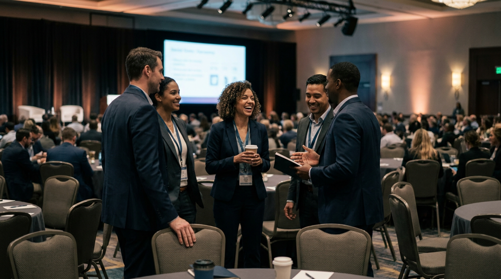 Umanzor Wealth advisors wearing conference badges, talking and laughing together at an industry conference