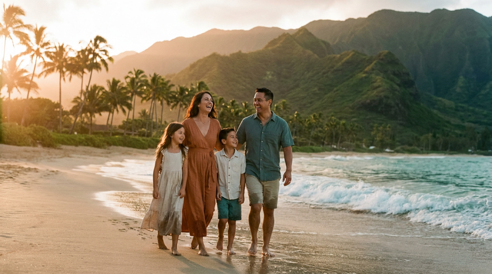 Family of four walking along a Hawaiian beach at sunset during a company incentive trip