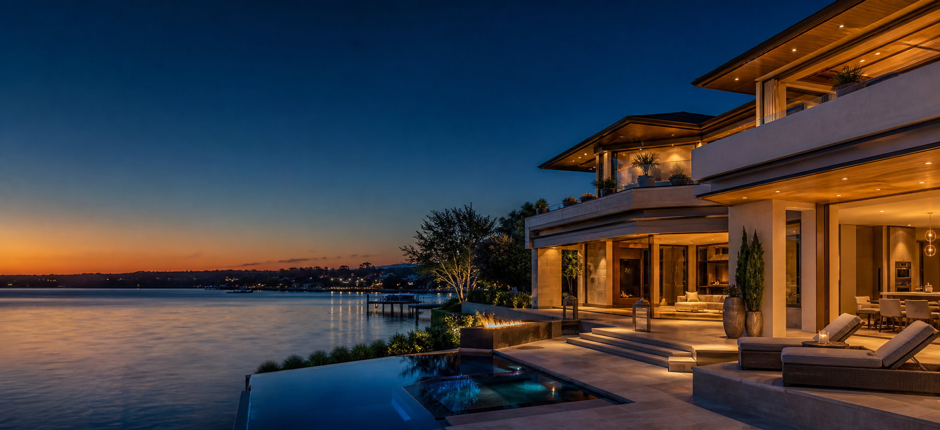 Luxury waterfront family home at golden hour