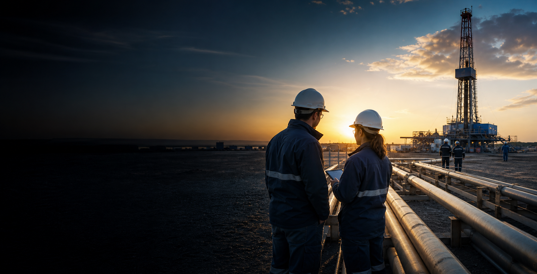 Energy professionals reviewing operations at sunrise