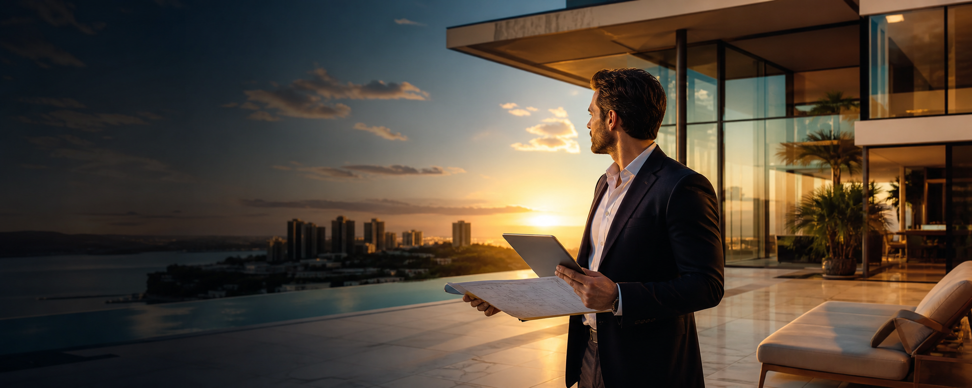 Real estate professional viewing a luxury property at sunset