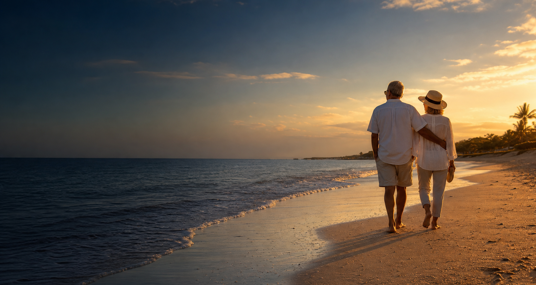 Retired couple walking along the beach at sunset