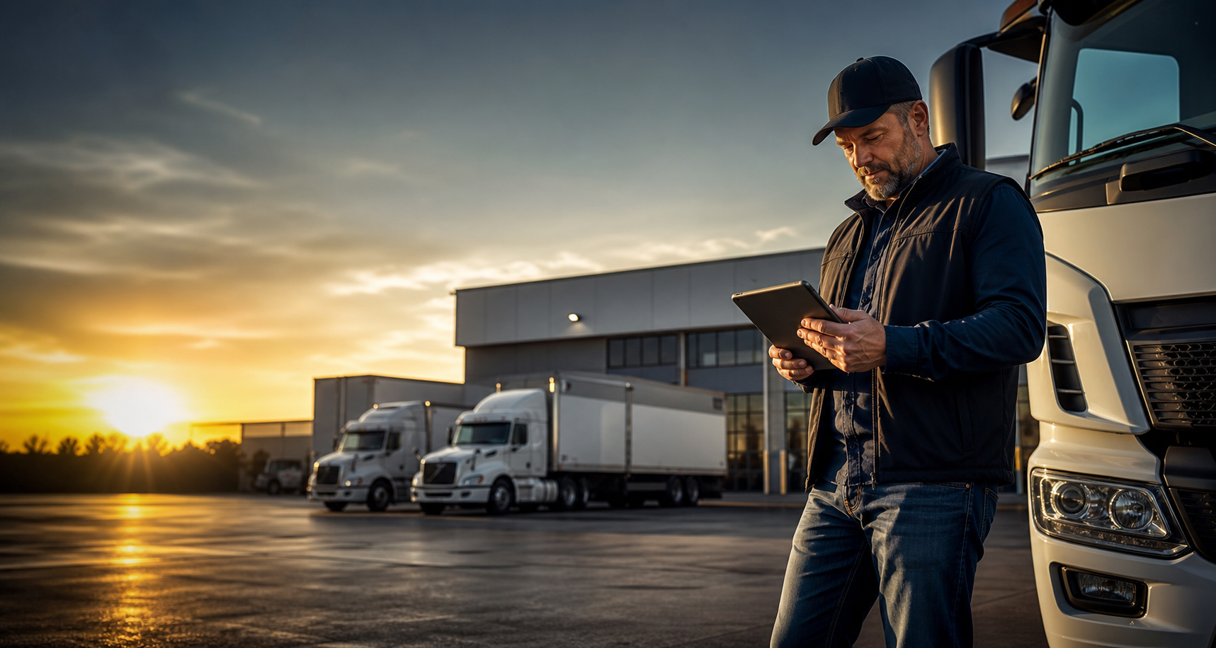 Trucking company owner reviewing fleet operations